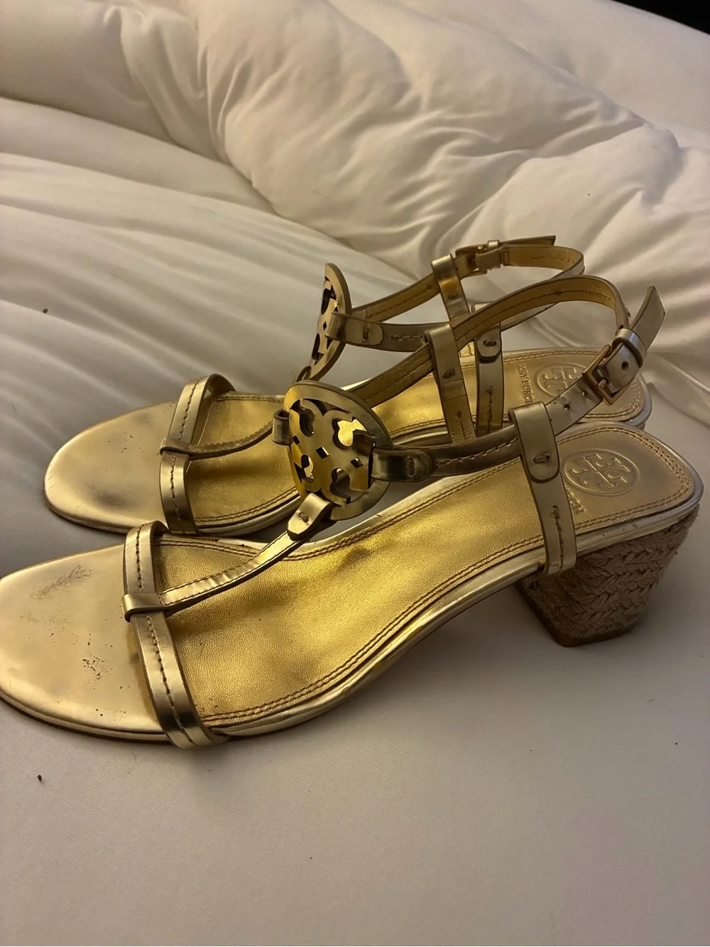 Tory Burch Metallic Gold Woven Block Wedge Sandals